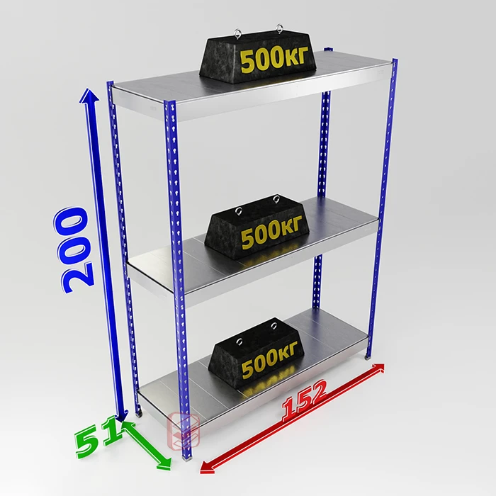 Стеллаж металлический на зацепах SB 200х152х51 3 оцинкованные полки фото СтеллажМастер